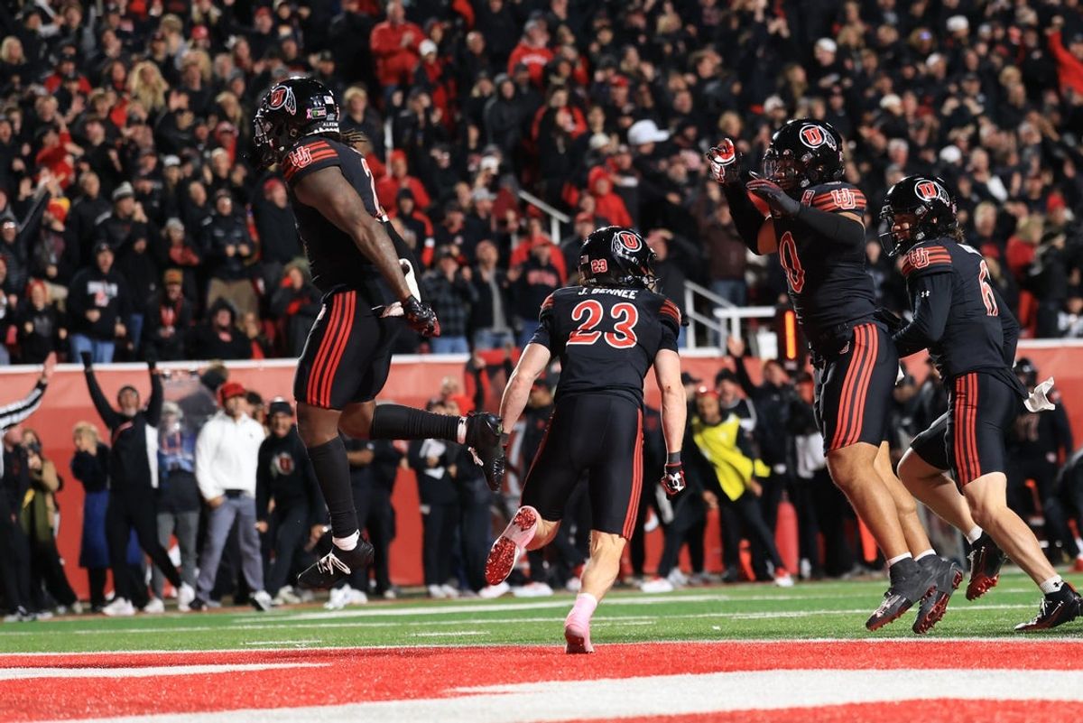 Oct 24, 2026; Salt Lake City, Utah, USA;  Utah Utes safety Jackson Bennee (23) celebratesa forced fumble with teammates during the fourth quarter against the Houston Cougars at Rice-Eccles Stadium.  Mandatory Credit: Rob Gray-Imagn Images