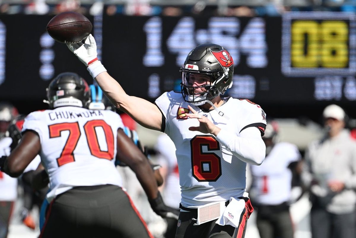 Oct 25, 2026; Charlotte, North Carolina, USA;  Tampa Bay Buccaneers quarterback Baker Mayfield (6) passes against the Carolina Panthers during the first half at Bank of America Stadium.  Mandatory Credit: Bob Donnan-Imagn Images