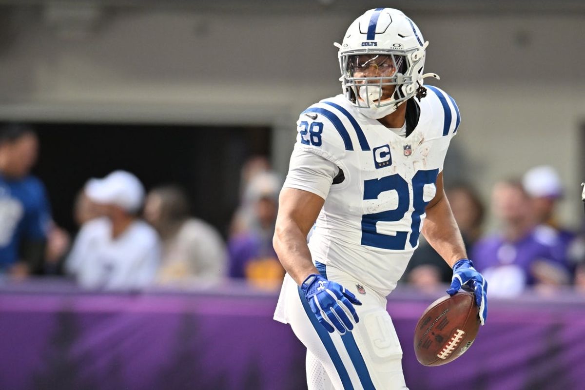 Oct 25, 2026; Minneapolis, Minnesota, USA;  Indianapolis Colts running back Jonathan Taylor (28) reacts after rushing for a touchdown against the Minnesota Vikings in the first half at U.S. Bank Stadium.  Mandatory Credit: Jeffrey Becker-Imagn Images