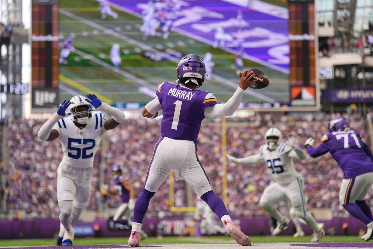 Oct 25, 2026; Minneapolis, Minnesota, USA;  Minnesota Vikings quarterback Kyler Murray (1) drops back to pass against the Indianapolis Colts in the first half at U.S. Bank Stadium.  Mandatory Credit: Brad Rempel-Imagn Images
