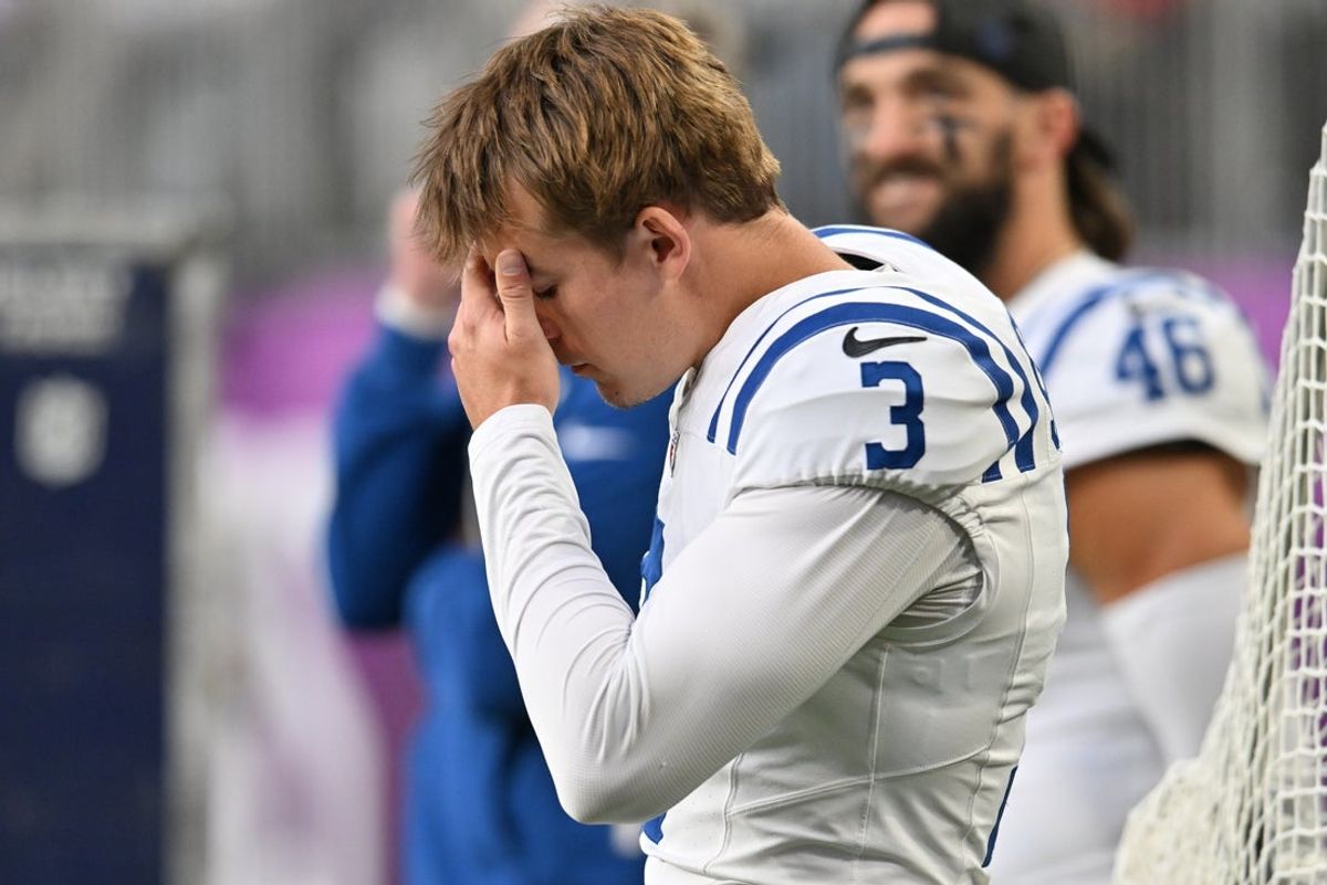Oct 25, 2026; Minneapolis, Minnesota, USA;  Indianapolis Colts kicker Spencer Shrader (3) reacts after missing a field goal against the Minnesota Vikings at U.S. Bank Stadium.  Mandatory Credit: Jeffrey Becker-Imagn Images