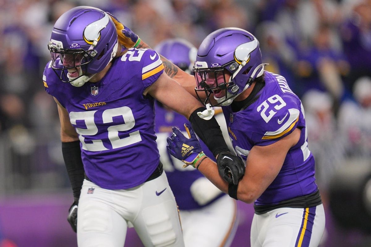 Oct 25, 2026; Minneapolis, Minnesota, USA;  Minnesota Vikings safety Harrison Smith (22) reacts against the Indianapolis Colts in the second half at U.S. Bank Stadium.  Mandatory Credit: Brad Rempel-Imagn Images