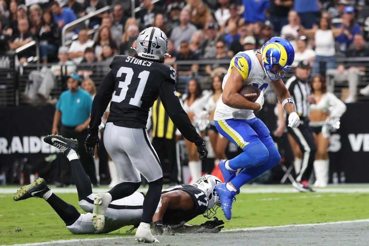 Oct 25, 2026; Paradise, Nevada, USA;  Los Angeles Rams wide receiver Puka Nacua (12) makes a touchdown catch in the first half at Allegiant Stadium.  Mandatory Credit: David Brytus-Imagn Images