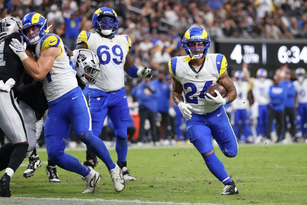 Oct 25, 2026; Paradise, Nevada, USA;  Los Angeles Rams running back Blake Corum (24) rushes for a touchdown against the Las Vegas Raiders in the second half at Allegiant Stadium.  Mandatory Credit: David Brytus-Imagn Images