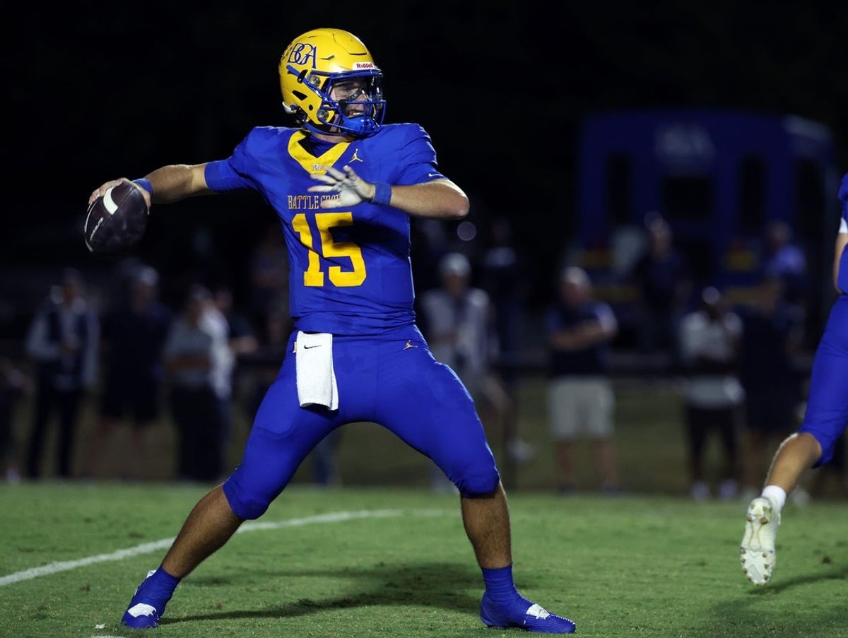 Battle Ground Academy’s Bo Bryan (15) passes the ball during the first half of their game against Franklin Road Academy at Battle Ground Academy Friday, September 24, 2026.