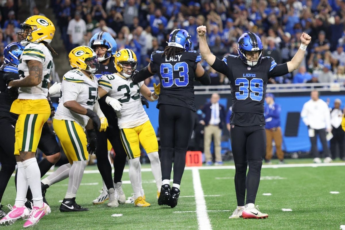 Oct 25, 2026; Detroit, Michigan, USA;  Detroit Lions kicker Jake Bates (39) celebrates making the game winning field goal against the Green Bay Packers during the fourth quarter at Ford Field.  Mandatory Credit: David Reginek-Imagn Images
