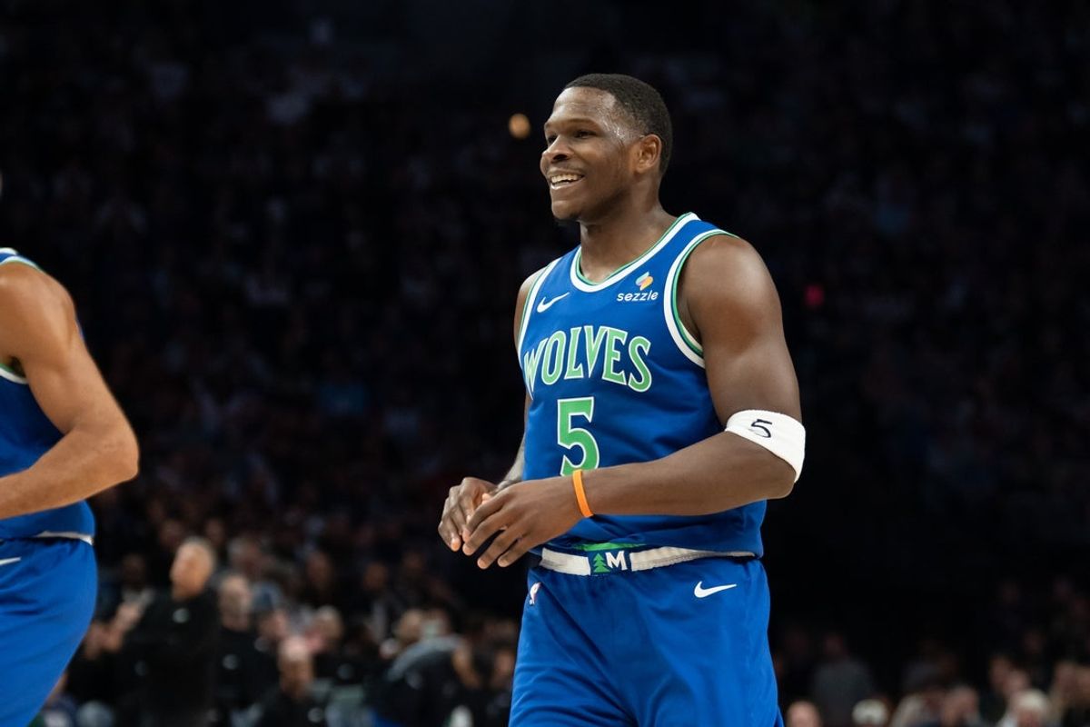 Oct 25, 2026; Minneapolis, Minnesota, USA;  Minnesota Timberwolves guard Anthony Edwards (5) looks on against the Toronto Raptors in the first half at Target Center.  Mandatory Credit: Jesse Johnson-Imagn Images