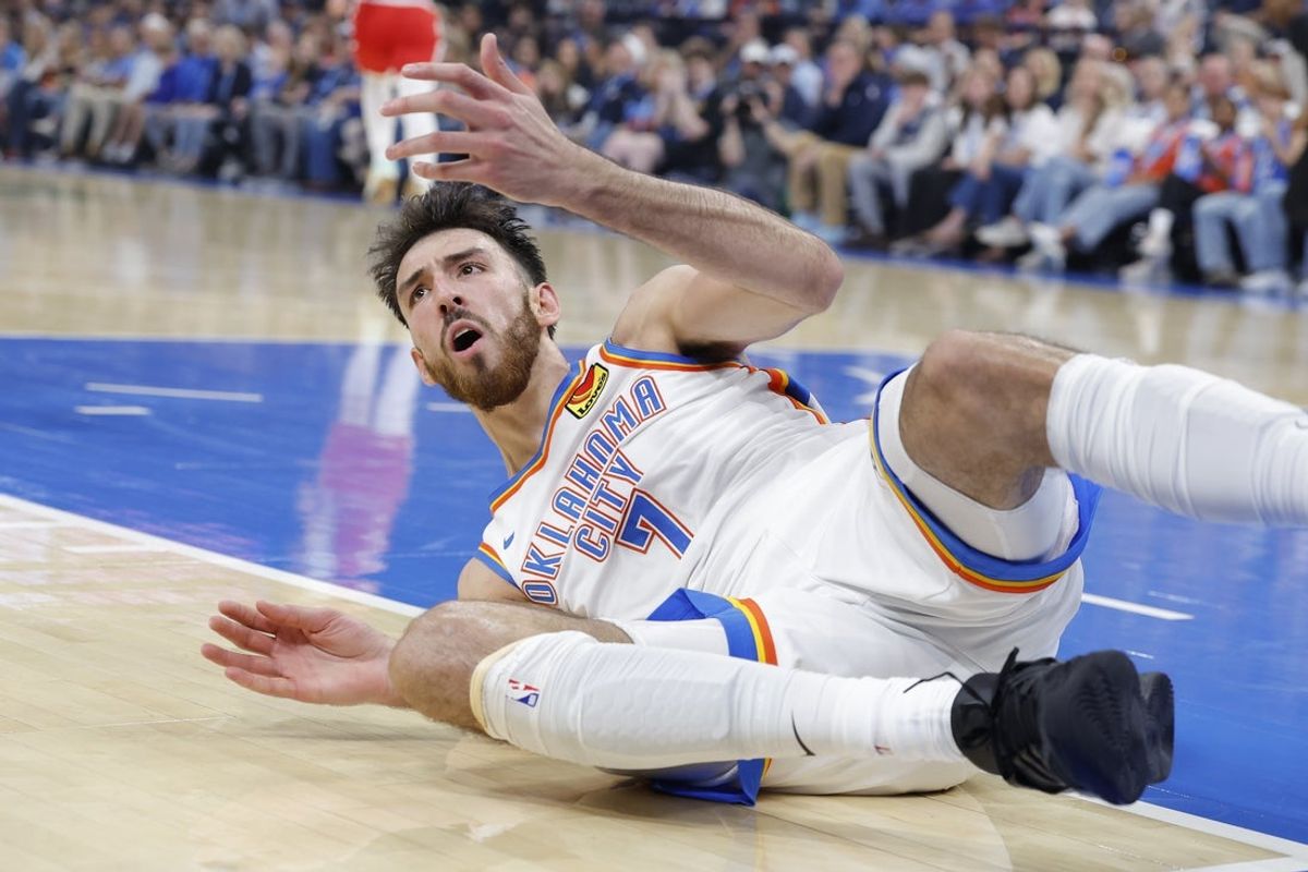 Oct 25, 2026; Oklahoma City, Oklahoma, USA; Oklahoma City Thunder center Chet Holmgren (7) reacts after a play against the Los Angeles Clippers during the first half at Paycom Center. Mandatory Credit: Alonzo Adams-Imagn Images