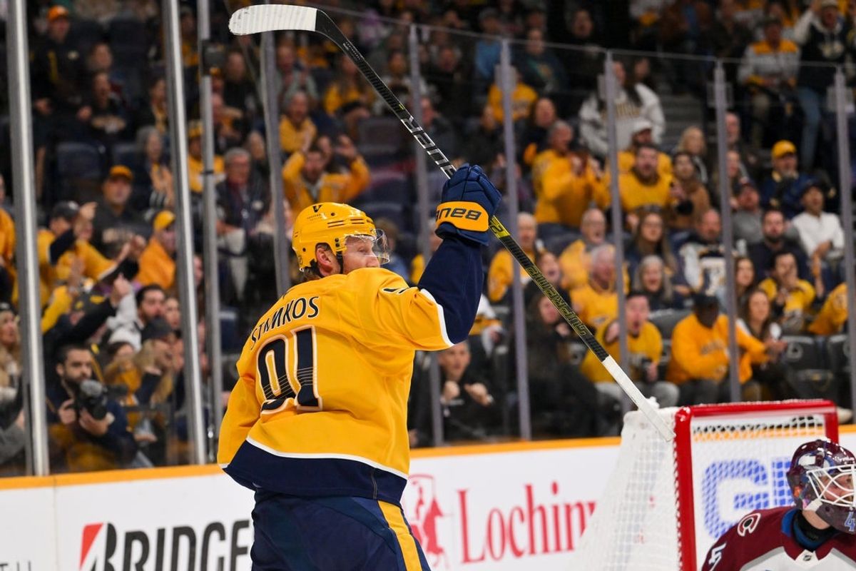 Oct 25, 2026; Nashville, Tennessee, USA;  Nashville Predators center Steven Stamkos (91) celebrates his goal against the Colorado Avalanche during the first period at Bridgestone Arena.  Mandatory Credit: Steve Roberts-Imagn Images