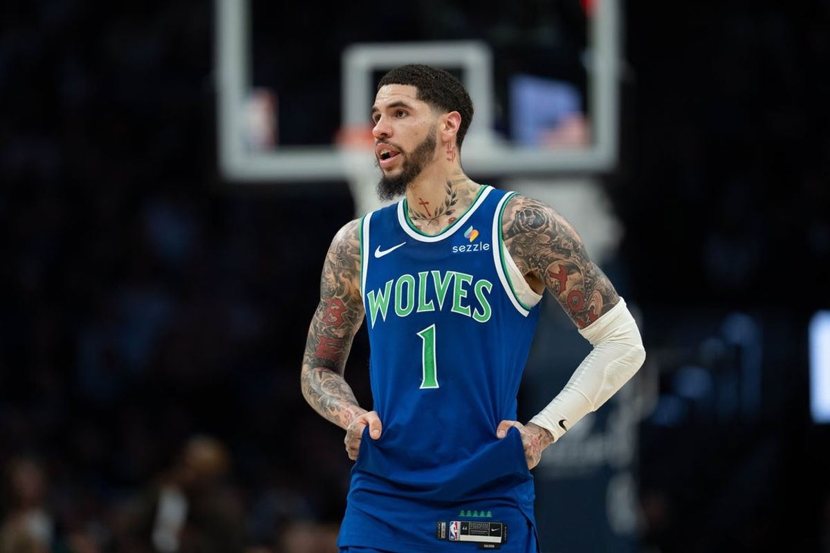 Oct 25, 2026; Minneapolis, Minnesota, USA;  Minnesota Timberwolves guard LaMelo Ball (1) looks on against the Toronto Raptors in the second half at Target Center.  Mandatory Credit: Jesse Johnson-Imagn Images