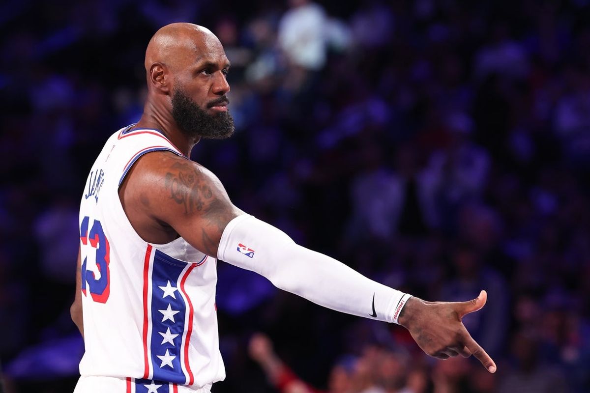 Oct 25, 2026; Philadelphia, Pennsylvania, USA; Philadelphia 76ers forward LeBron James (23) reacts after his score against the Detroit Pistons during the third quarter at Xfinity Mobile Arena. Mandatory Credit: Bill Streicher-Imagn Images
