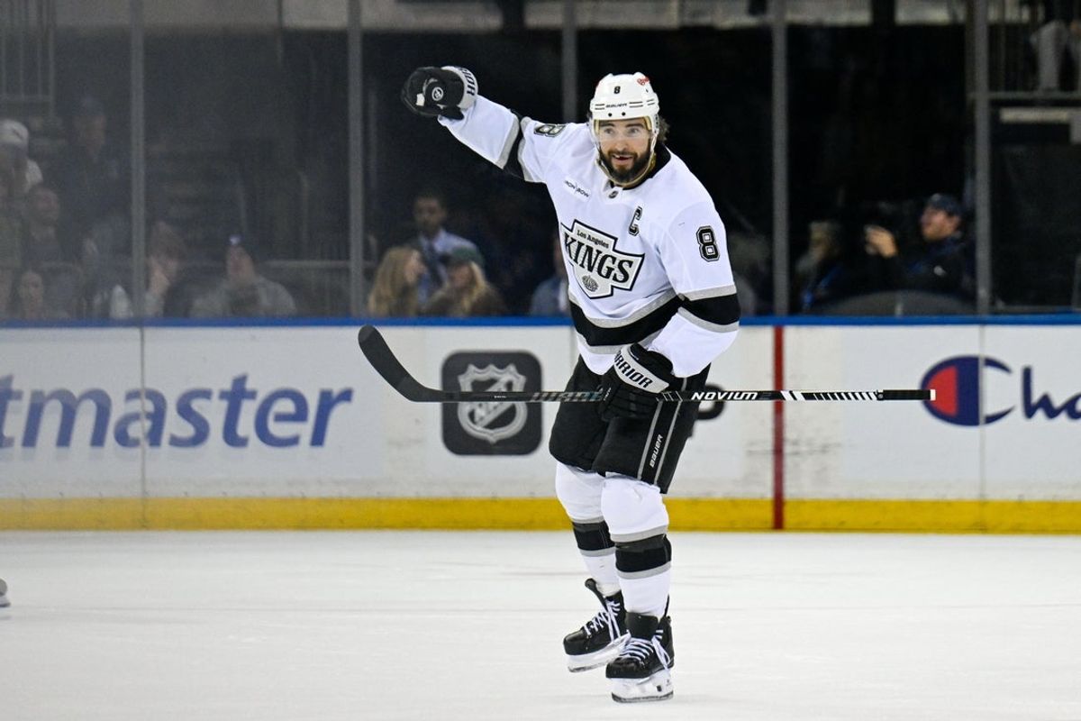 Oct 26, 2026; New York, New York, USA;  Los Angeles Kings defenseman Drew Doughty (8) celebrates his goal against the New York Rangers during the first period at Madison Square Garden.  Mandatory Credit: Dennis Schneidler-Imagn Images