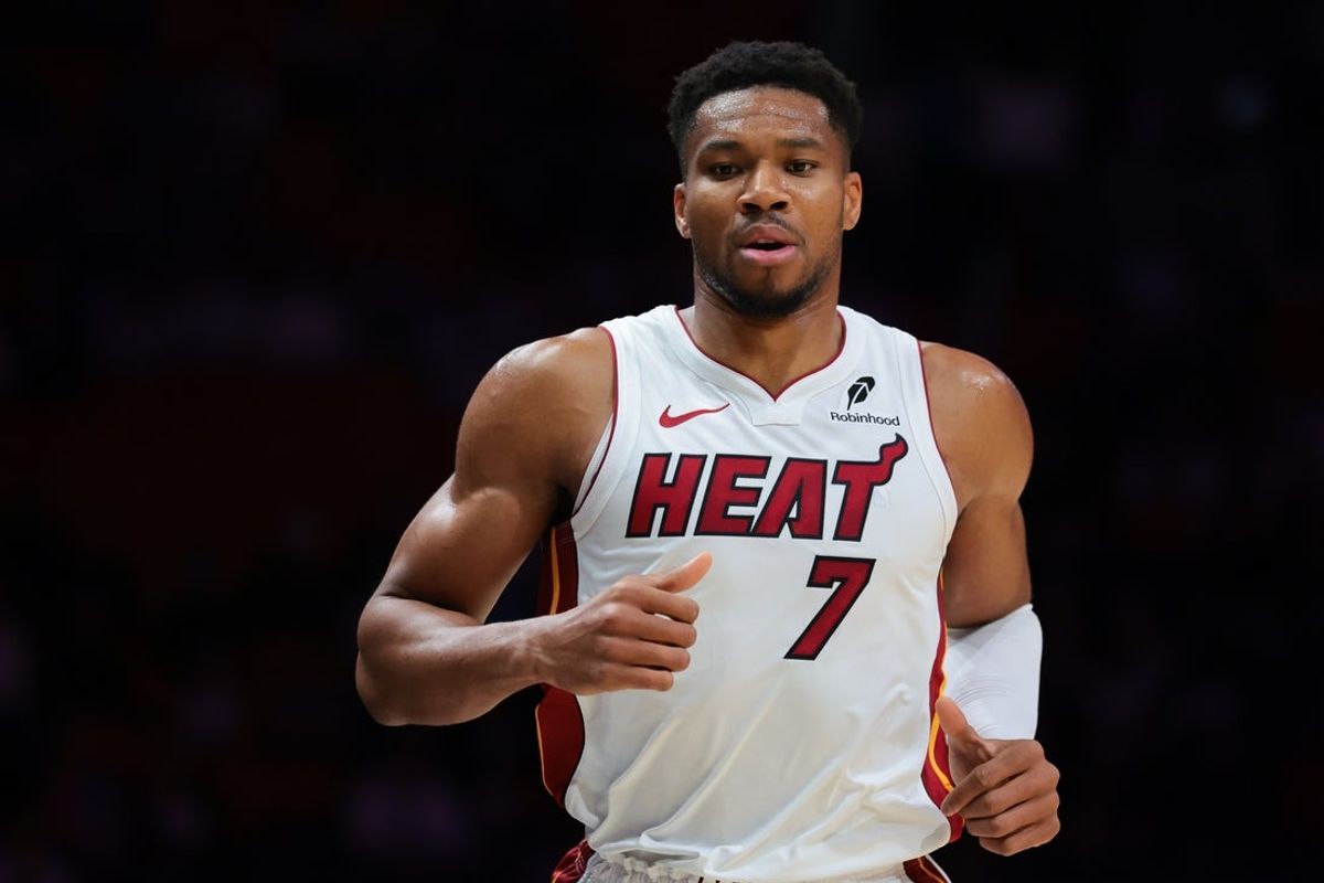 Oct 26, 2026; Miami, Florida, USA;  Miami Heat forward Giannis Antetokounmpo (7) looks on against the Dallas Mavericks during the first quarter at Kaseya Center. Mandatory Credit: Sam Navarro-Imagn Images