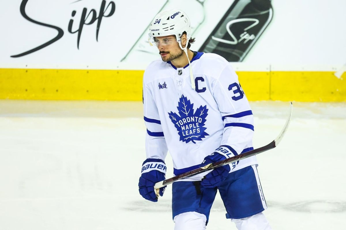 Oct 26, 2026; Calgary, Alberta, CAN; Toronto Maple Leafs center Auston Matthews (34) skates during the warmup period against the Calgary Flames at Scotiabank Saddledome. Mandatory Credit: Sergei Belski-Imagn Images