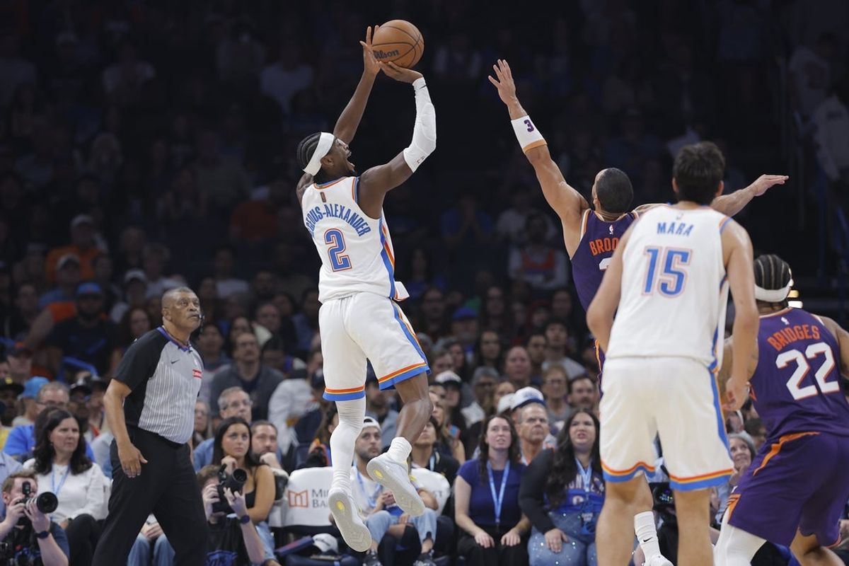 Oct 26, 2026; Oklahoma City, Oklahoma, USA; Oklahoma City Thunder guard Shai Gilgeous-Alexander (2) shoots against the Phoenix Suns during the first half at Paycom Center. Mandatory Credit: Alonzo Adams-Imagn Images