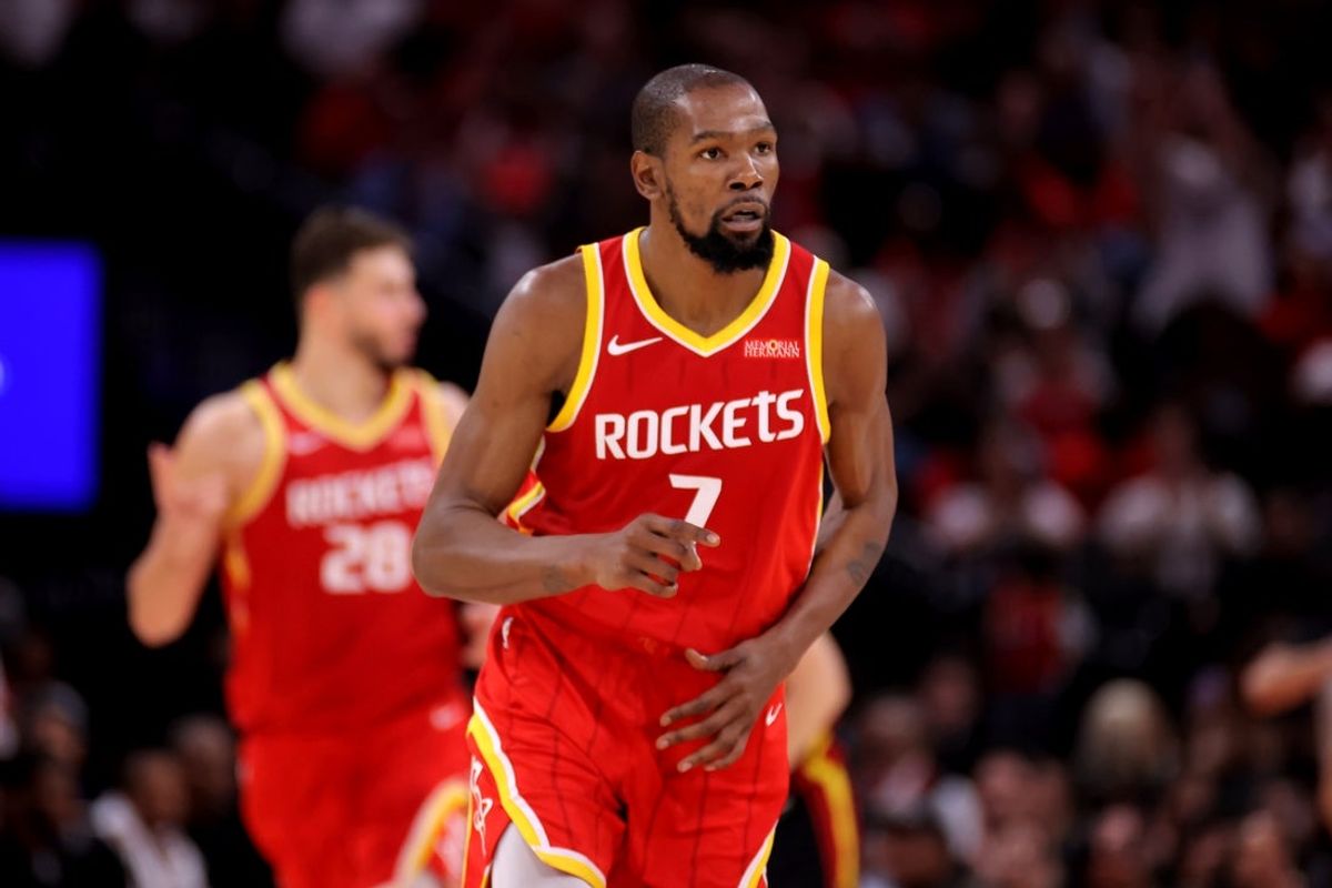 Oct 26, 2026; Houston, Texas, USA;  Houston Rockets forward Kevin Durant (7) reacts after a made basket against the Atlanta Hawks during the third quarter at Toyota Center.  Mandatory Credit: Erik Williams-Imagn Images