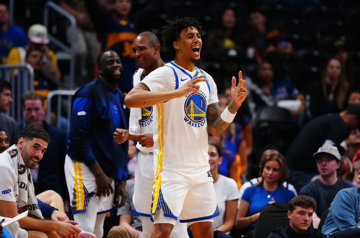 Oct 26, 2026; Denver, Colorado, USA;  Golden State Warriors forward Yaxel Lendeborg (1) reacts in the fourth quarter against the Denver Nuggets at Ball Arena.  Mandatory Credit: Ron Chenoy-Imagn Images