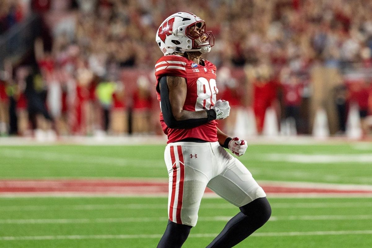 Oct 24, 2026; Madison, Wisconsin, USA; Wisconsin Badgers tight end Jacob Harris (89) celebrates after a goal-line touchdown against the USC Trojans during the second half at Camp Randall Stadium. Mandatory Credit: Anthony Wahl-Imagn Images