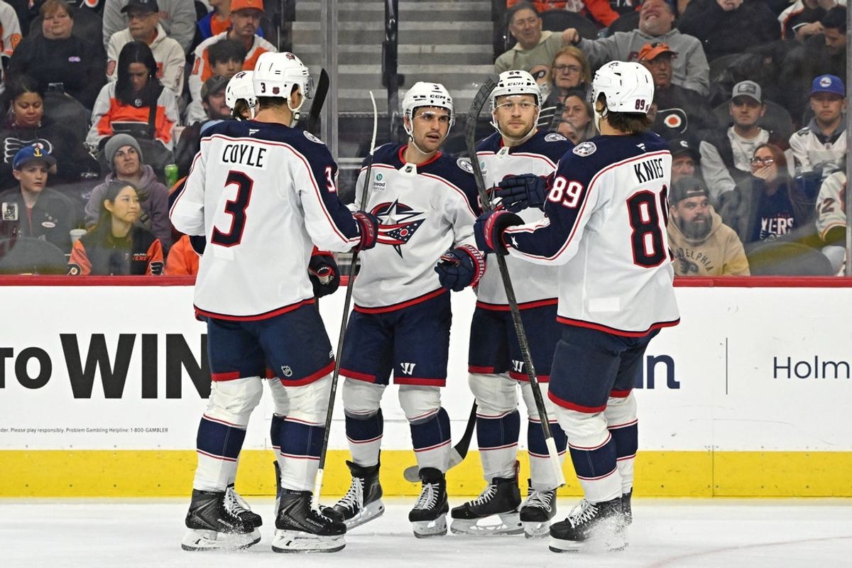 Oct 27, 2026; Philadelphia, Pennsylvania, USA; Columbus Blue Jackets defenseman Denton Mateychuk (5) celebrates his goal with teammates against the Philadelphia Flyers during the first period at Xfinity Mobile Arena. Mandatory Credit: Eric Hartline-Imagn Images