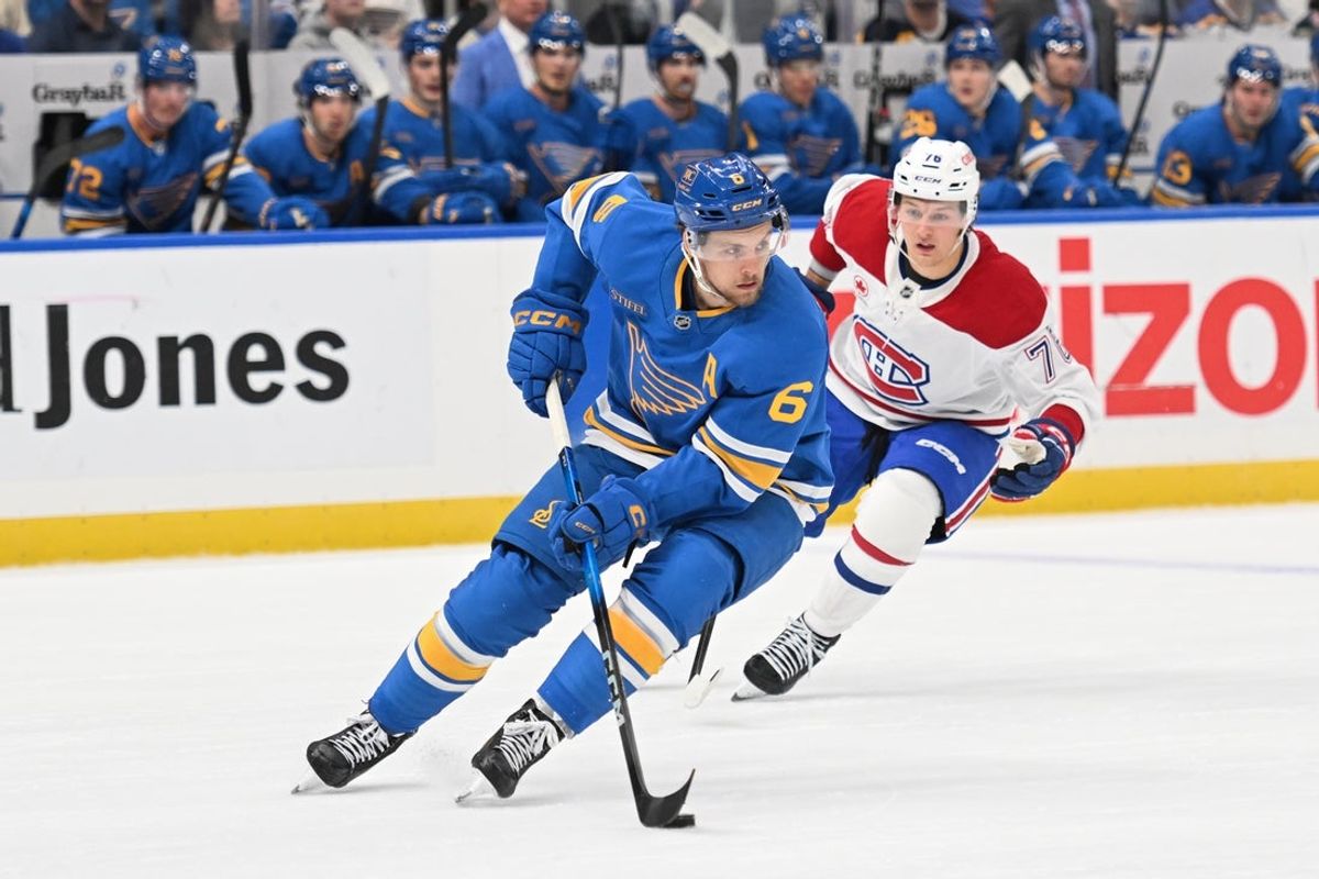 Oct 27, 2026; St. Louis, Missouri, USA;  Montreal Canadiens right wing Zachary Bolduc (76) pressures St. Louis Blues defenseman Philip Broberg (6) in the first period at Enterprise Center.  Mandatory Credit: Joe Puetz-Imagn Images
