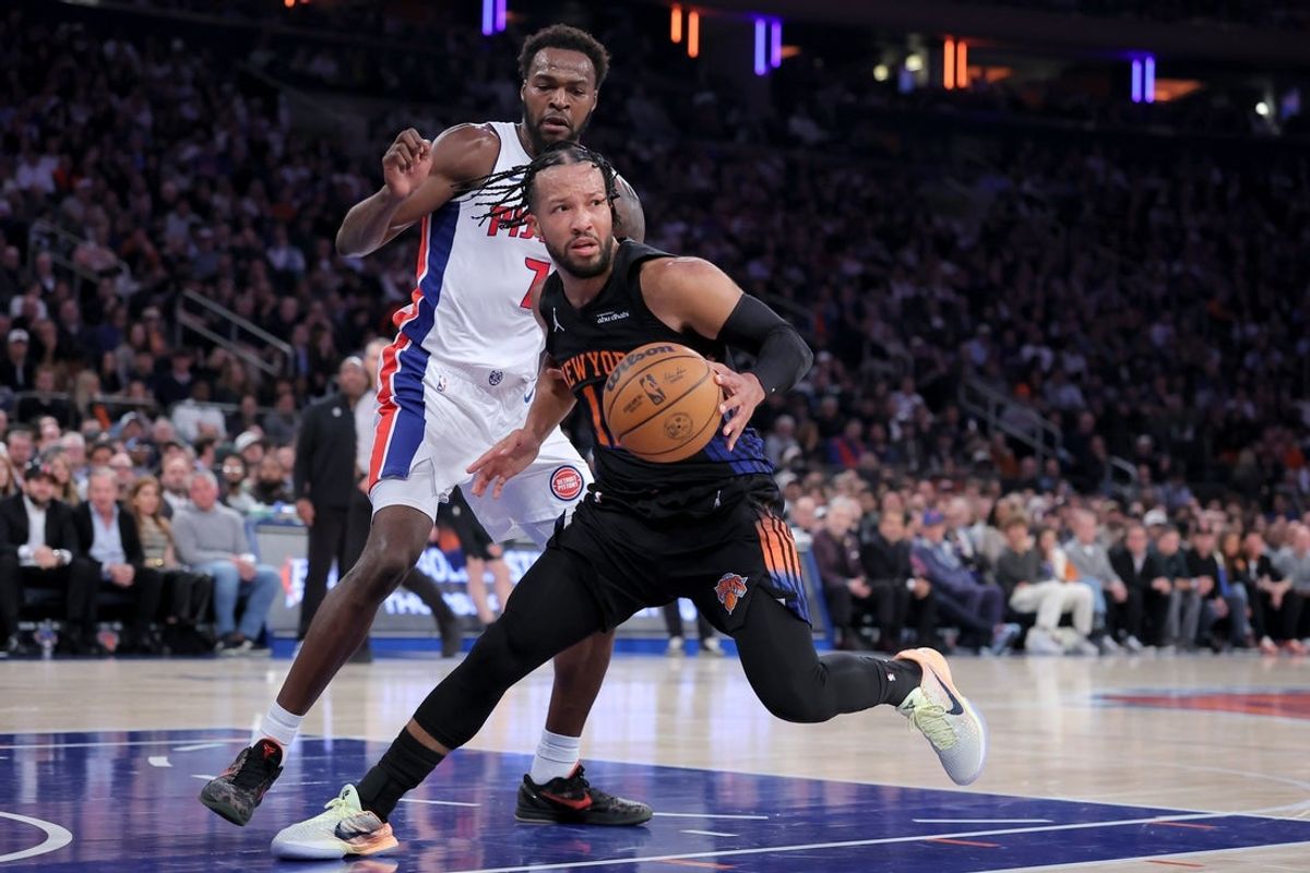 Oct 27, 2026; New York, New York, USA; New York Knicks guard Jalen Brunson (11) controls the ball against Detroit Pistons forward Paul Reed (7) during the first quarter at Madison Square Garden. Mandatory Credit: Brad Penner-Imagn Images