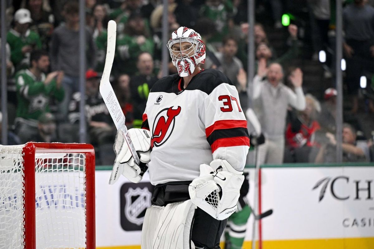Oct 27, 2026; Dallas, Texas, USA; New Jersey Devils goaltender Connor Hellebuyck (37) looks on after he gives up a goal to Dallas Stars center Justin Hryckowian (not pictured) during the second period at the American Airlines Center. Mandatory Credit: Jerome Miron-Imagn Images