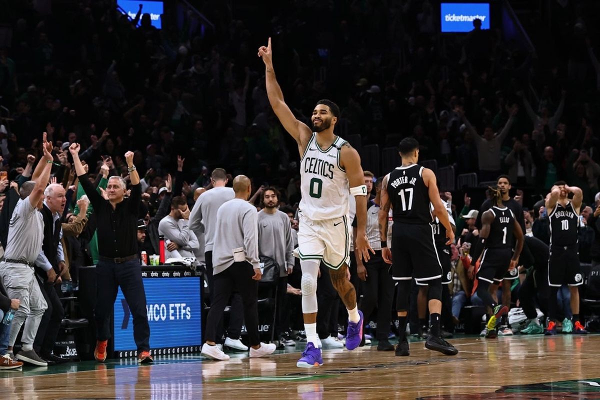 Oct 27, 2026; Boston, Massachusetts, USA; Boston Celtics forward Jayson Tatum (0) celebrates his game winning shot at the end of overtime to defeat the Brooklyn Nets at TD Garden. Mandatory Credit: Winslow Townson-Imagn Images