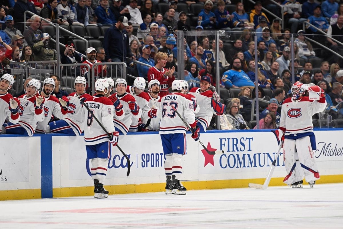 Oct 27, 2026; St. Louis, Missouri, USA;  Montreal Canadiens left wing Florian Xhekaj (63) is congratulated after scoring his first NHL goal against the St. Louis Blues in the third period at Enterprise Center.  Mandatory Credit: Joe Puetz-Imagn Images