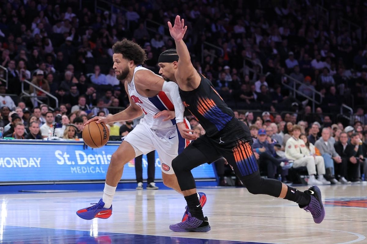 Oct 27, 2026; New York, New York, USA; Detroit Pistons guard Cade Cunningham (2) drives to the basket against New York Knicks guard Josh Hart (3) during the fourth quarter at Madison Square Garden. Mandatory Credit: Brad Penner-Imagn Images