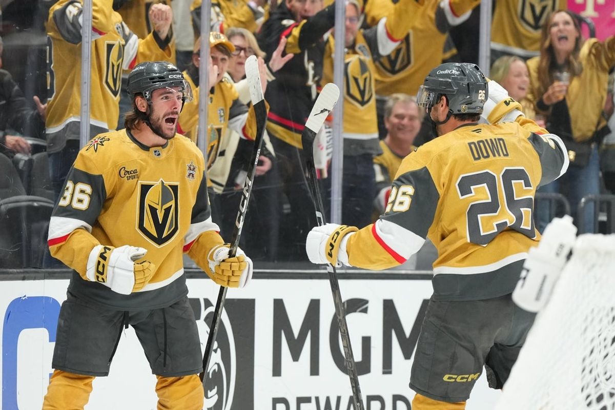 Oct 27, 2026; Las Vegas, Nevada, USA;  Vegas Golden Knights center Raphael Lavoie (36) scores his first NHL goal against the Ottawa Senators in the third period at T-Mobile Arena.  Mandatory Credit: Candice Ward-Imagn Images