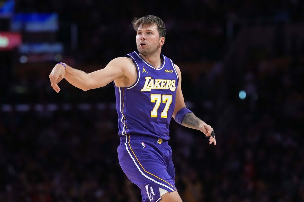 Oct 27, 2026; Los Angeles, California, USA; Los Angeles Lakers guard Luka Doncic (77) reacts against the Portland Trail Blazers in the second half at Crypto.com Arena. Mandatory Credit: Kirby Lee-Imagn Images