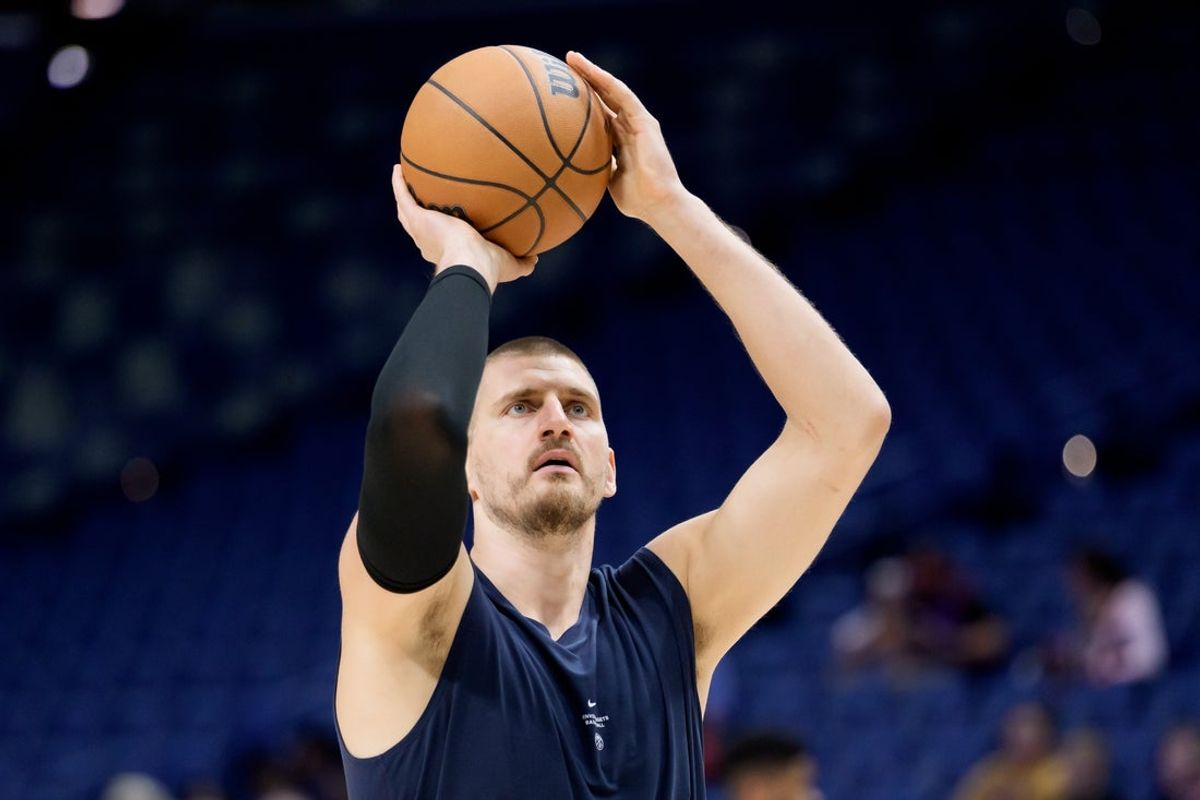 Oct 28, 2026; New Orleans, Louisiana, USA;  Denver Nuggets center Nikola Jokic (15) warms up before a game against the New Orleans Pelicans at Smoothie King Center.  Mandatory Credit: Matthew Hinton-Imagn Images
