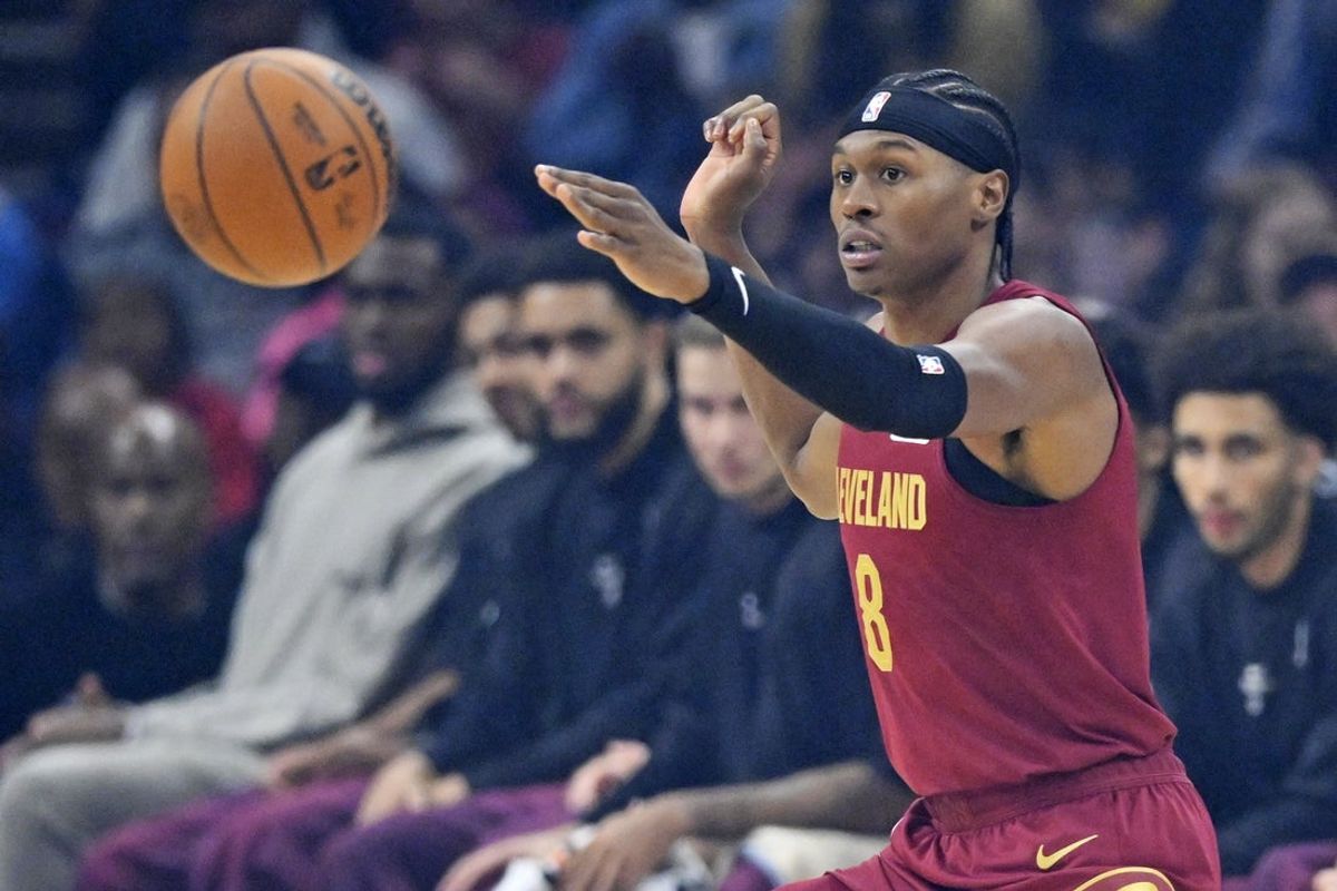 Oct 28, 2026; Cleveland, Ohio, USA;  Cleveland Cavaliers forward Peyton Watson (8) throws a pass in the first quarter against the Washington Wizards at Rocket Arena.  Mandatory Credit: David Richard-Imagn Images