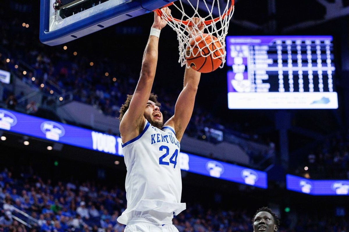 Oct 28, 2026; Lexington, KY, USA;  Kentucky Wildcats center Malachi Moreno (24) dunks the ball during the second half against the UCF Knights at Rupp Arena Central Bank Center.  Mandatory Credit: Jordan Prather-Imagn Images