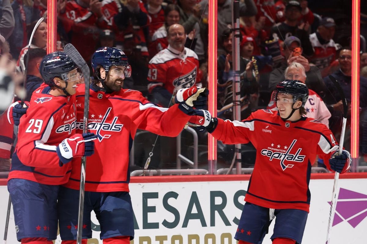 Oct 28, 2026; Washington, District of Columbia, USA; Washington Capitals right wing Alex Tuch (89) celebrates with teammates after scoring a goal against the Philadelphia Flyers during the first period at Capital One Arena. Mandatory Credit: Geoff Burke-Imagn Images