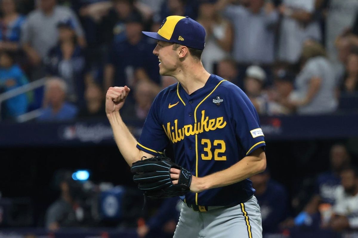 Oct 28, 2026; St. Petersburg, Florida, USA;  Milwaukee Brewers pitcher Jacob Misiorowski (32) reacts after pitching against the Tampa Bay Rays during the fourth inning in game five of the 2026 World Series at Tropicana Field.  Mandatory Credit: Kim Klement Neitzel-Imagn Images