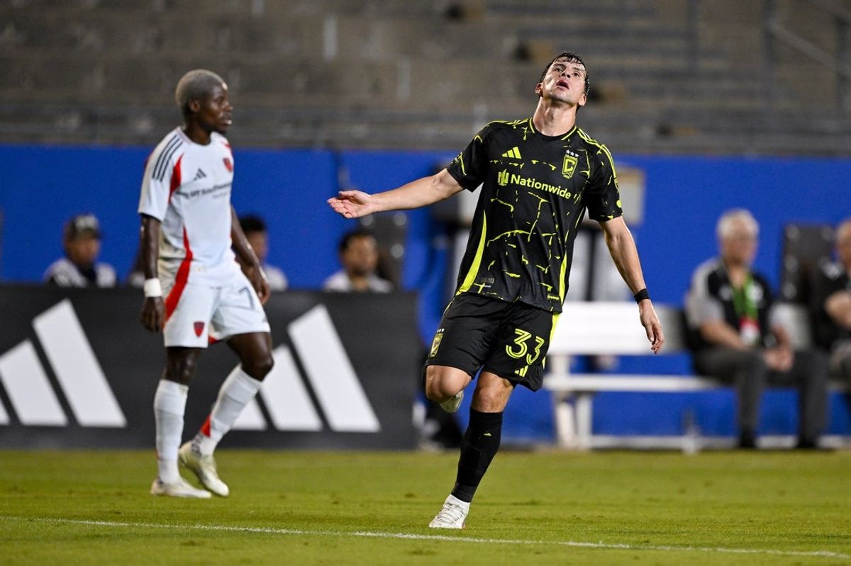 Oct 28, 2026; Frisco, Texas, USA; Columbus Crew forward Gonzalo Tapia (33) reacts during the first half against FC Dallas at Toyota Stadium. Mandatory Credit: Jerome Miron-Imagn Images