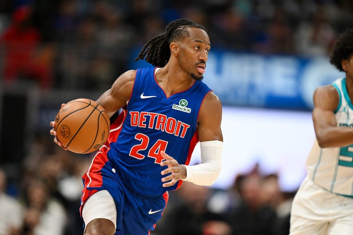 Oct 28, 2026; Detroit, Michigan, USA;  Detroit Pistons guard Daniss Jenkins (24) drives the ball up the court against the Charlotte Hornets in the second half at Little Caesars Arena.  Mandatory Credit: Lon Horwedel-Imagn Images
