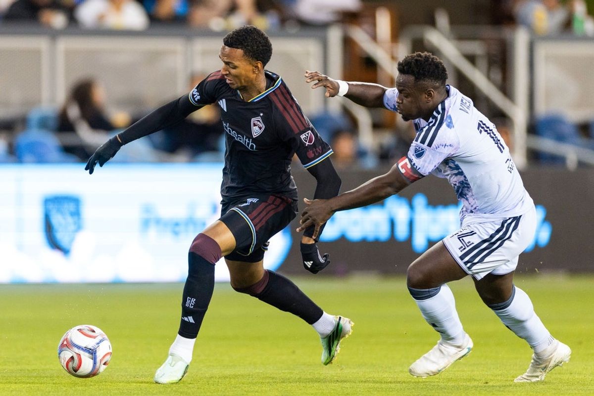 Oct 28, 2026; San Jose, California, USA;  Colorado Rapids forward Morgan Whittaker (7) and San Jose Earthquakes midfielder Ronaldo Vieira (14) battle for the ball during the first half at PayPal Park.  Mandatory Credit: Stan Szeto-Imagn Images