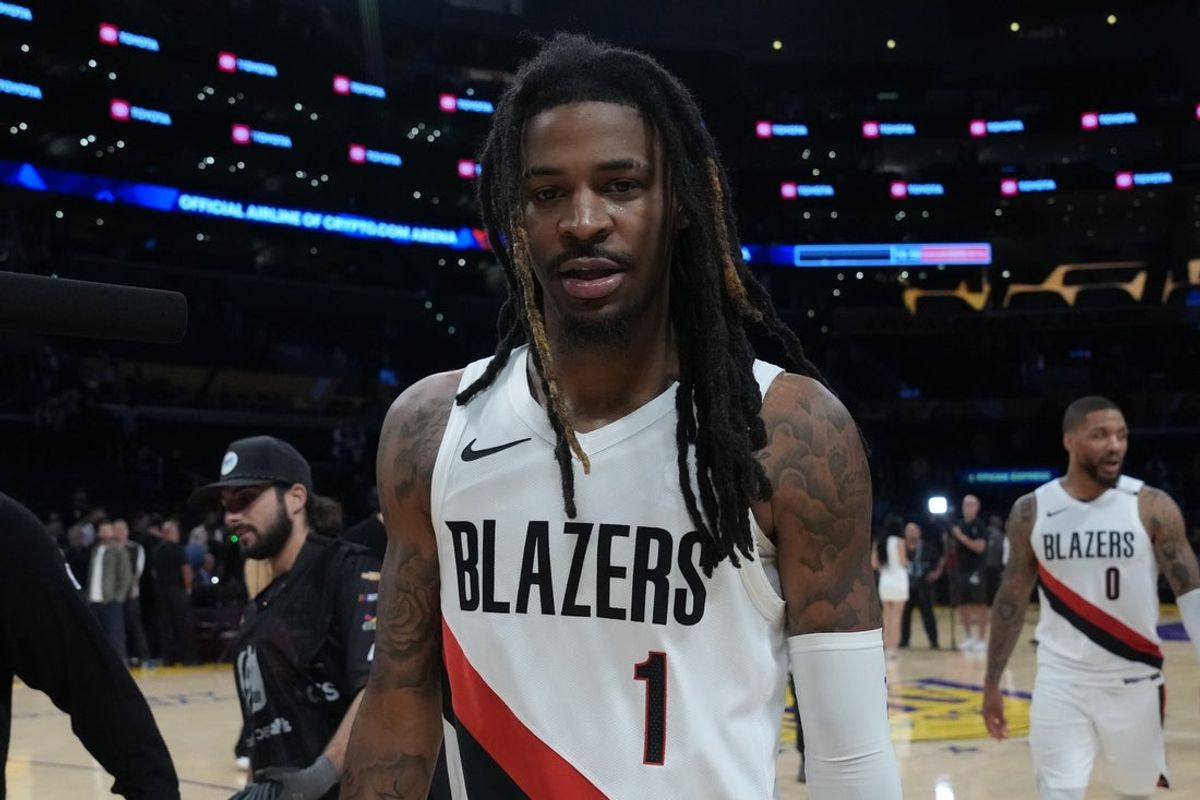 Oct 27, 2026; Los Angeles, California, USA; Portland Trail Blazers guard Ja Morant (1) reacts after the game against the Los Angeles Lakers at Crypto.com Arena. Mandatory Credit: Kirby Lee-Imagn Images