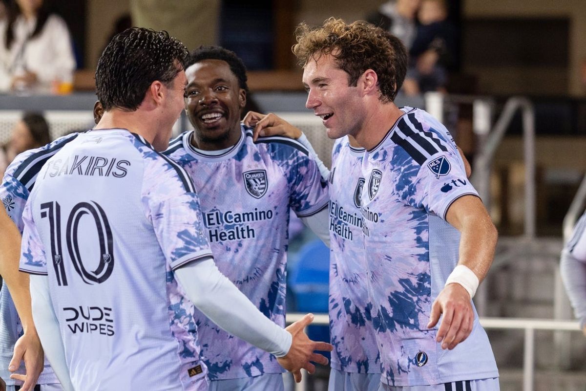 Oct 28, 2026; San Jose, California, USA;  San Jose Earthquakes defender Jack Jasinski (17) celebrates with teammates after scoring a goal during the second half against the Colorado Rapids at PayPal Park.  Mandatory Credit: Stan Szeto-Imagn Images