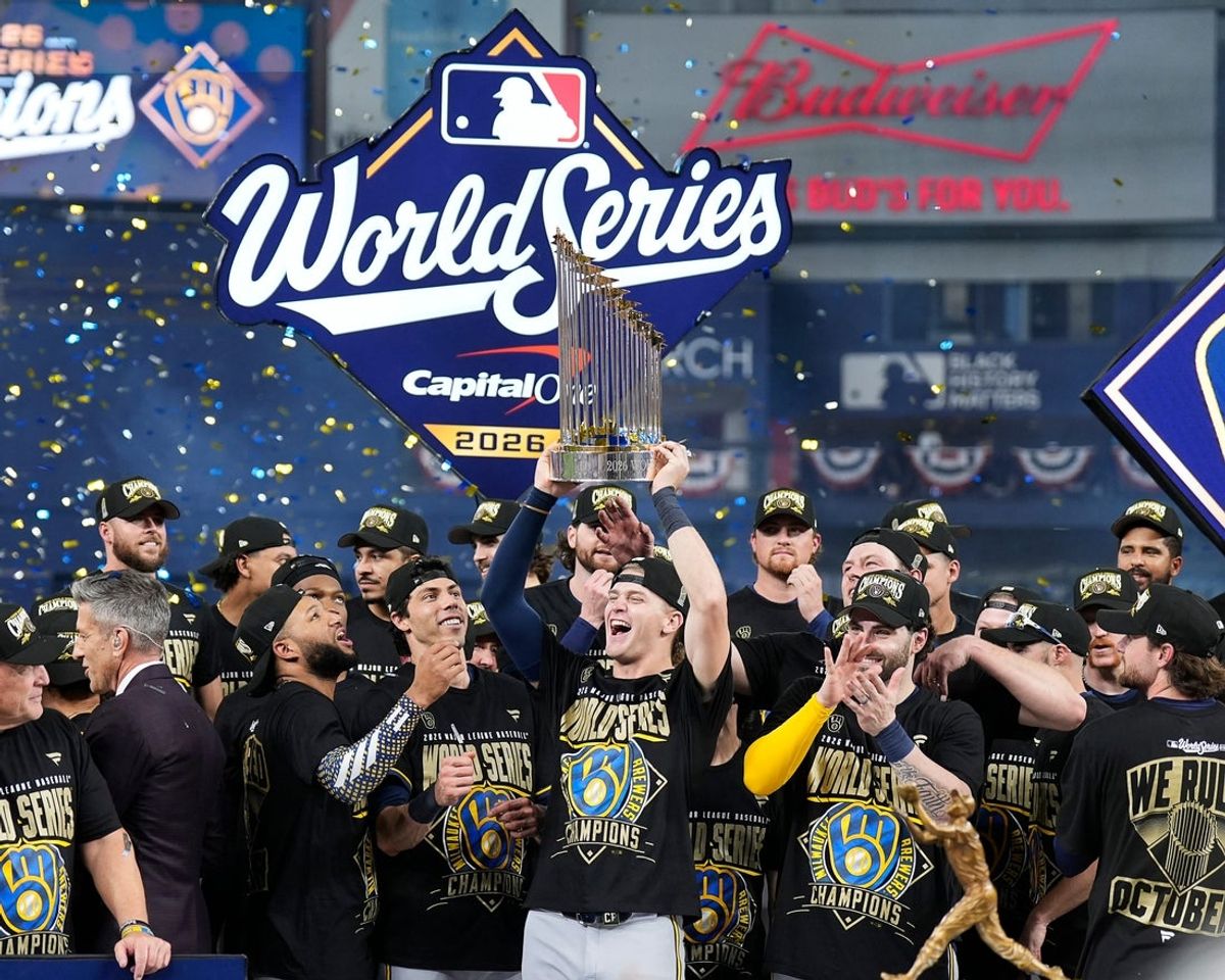 Milwaukee Brewers celebrate with the Commissioner's Trophy during the Awards Ceremony after defeating the Tampa Bay Rays to win the 2026 World Series at Tropicana Field in St. Petersburg, Fla. on Oct 28, 2026.