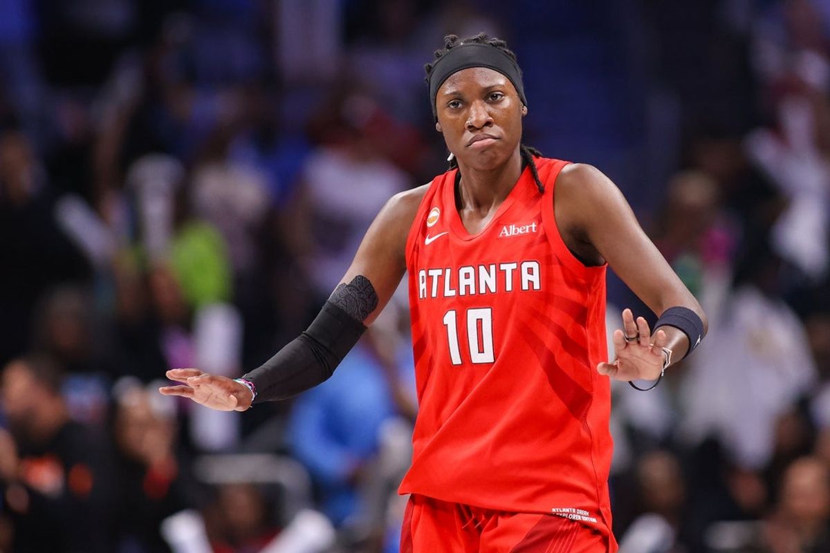 Atlanta Dream guard Rhyne Howard (10) reacts after a play against the Golden State Valkyries in the second quarter during game six of the 2026 WNBA Finals at State Farm Arena.
