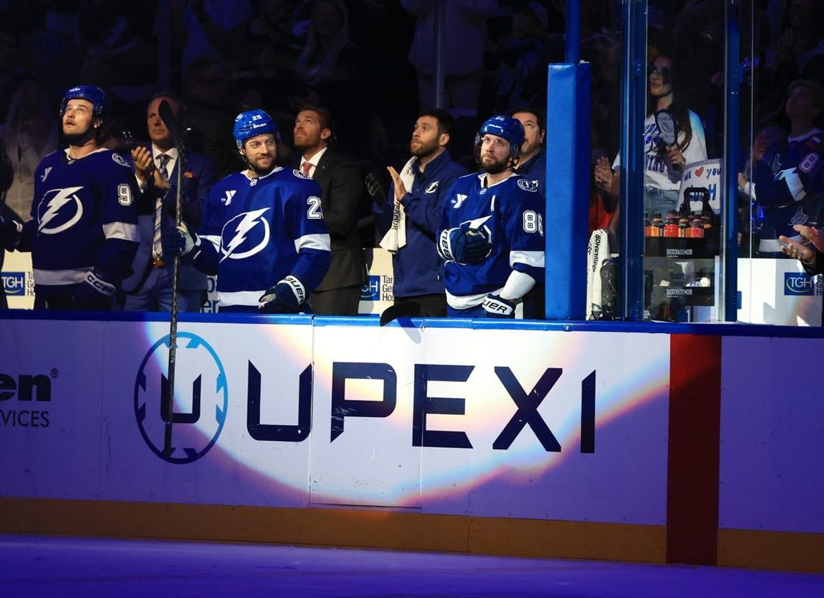 Oct 29, 2026; Tampa, Florida, USA;  Tampa Bay Lightning right wing Nikita Kucherov (86) is honored for passing Steven Stamkos to become the Tampa Bay Lightning's all-time leading scorer during the first period against the Winnipeg Jets at Benchmark International Arena.  Mandatory Credit: Kim Klement Neitzel-Imagn Images