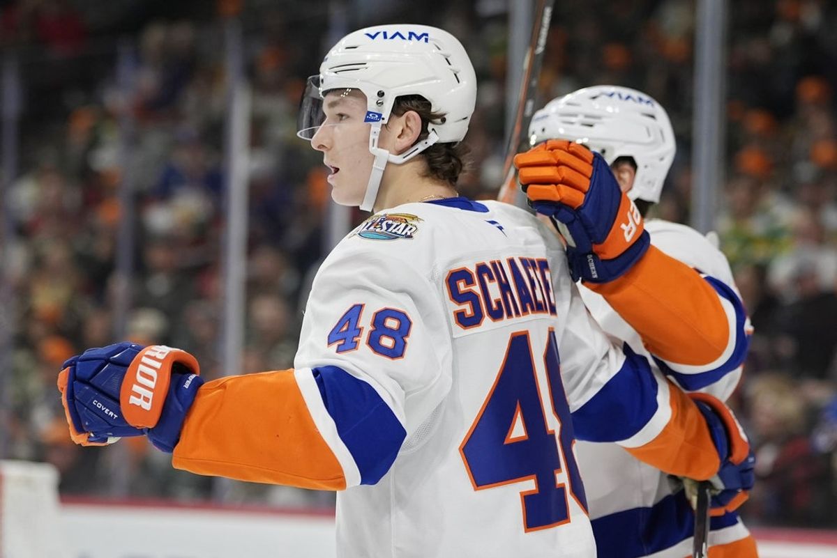 Oct 29, 2026; Saint Paul, Minnesota, USA;  New York Islanders defenseman Matthew Schaefer (48) celebrates his goal against the Minnesota Wild in the first period at Grand Casino Arena.  Mandatory Credit: Bruce Kluckhohn-Imagn Images