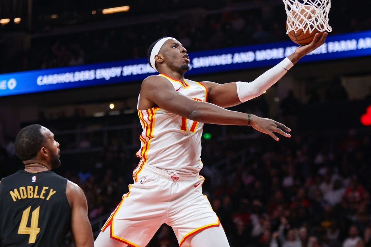 Oct 29, 2026; Atlanta, Georgia, USA; Atlanta Hawks forward Onyeka Okongwu (17) shoots against the Cleveland Cavaliers in the second quarter at State Farm Arena. Mandatory Credit: Brett Davis-Imagn Images