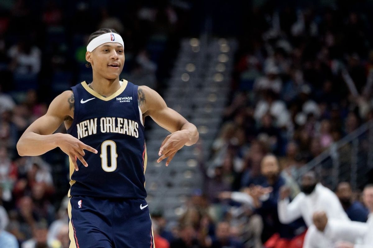 Oct 29, 2026; New Orleans, Louisiana, USA;  New Orleans Pelicans guard Jeremiah Fears (0) reacts to a three point basket against the Sacramento Kings during the second half at Smoothie King Center.  Mandatory Credit: Matthew Hinton-Imagn Images