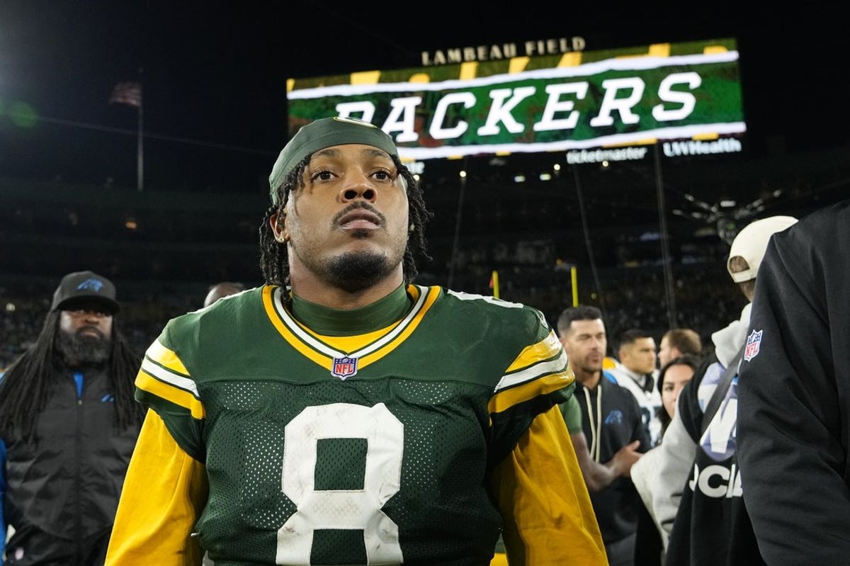Oct 29, 2026; Green Bay, Wisconsin, USA;  Green Bay Packers running back Josh Jacobs (8) reacts after the game against the Carolina Panthers at Lambeau Field.  Mandatory Credit: Jeff Hanisch-Imagn Images