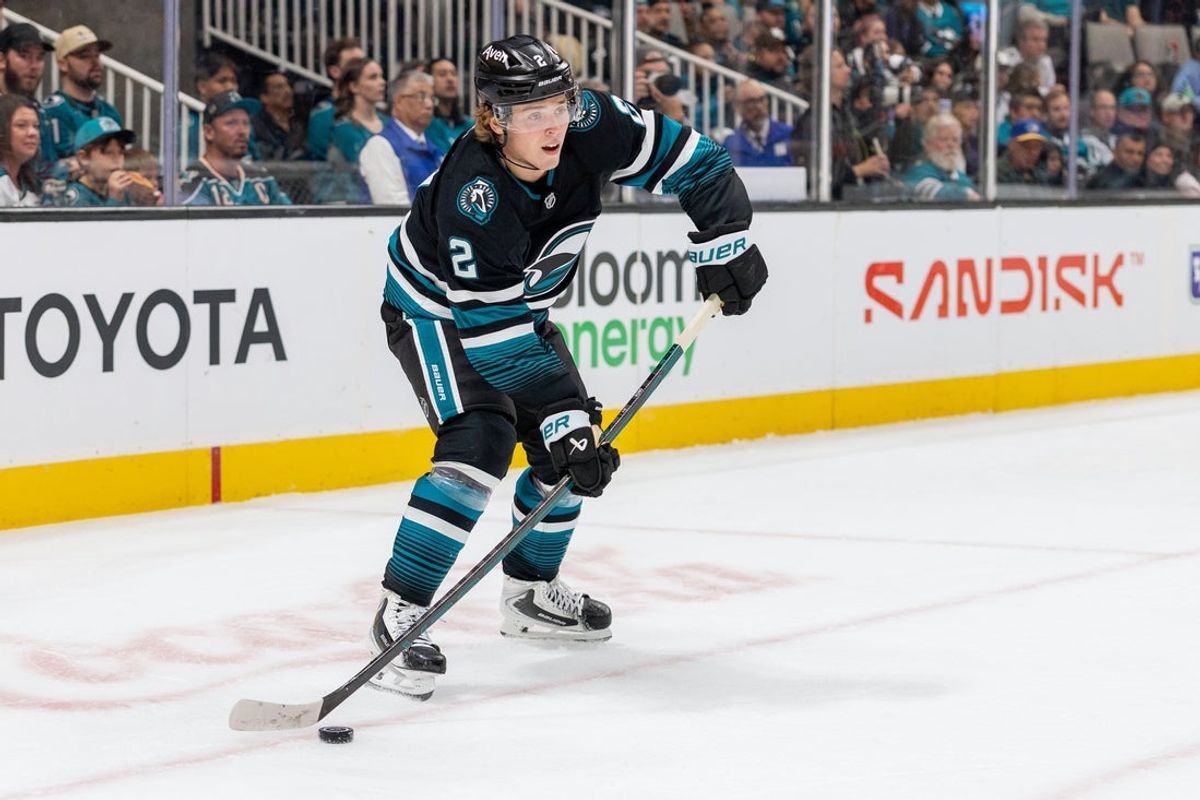 Oct 29, 2026; San Jose, California, USA;  San Jose Sharks center Will Smith (2) controls the puck during the second period against the Vancouver Canucks at SAP Center at San Jose.  Mandatory Credit: Bob Kupbens-Imagn Images