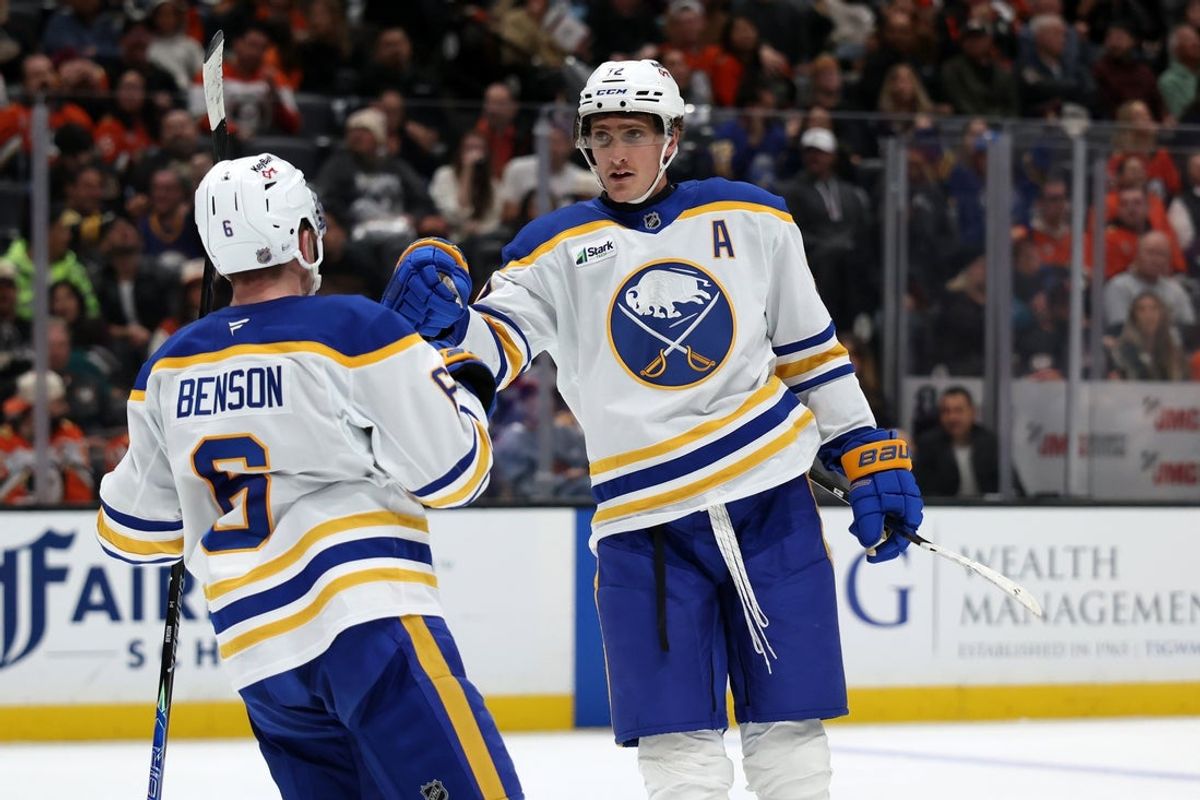 Oct 29, 2026; Anaheim, California, USA;  Buffalo Sabres center Tage Thompson (72) celebrates with left wing Zach Benson (6) after scoring a goal during the second period against the Anaheim Ducks at Honda Center. Mandatory Credit: Kiyoshi Mio-Imagn Images